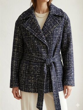 Club Monaco blue wool textured tweed belted wrap coat - size Small (S) NWT